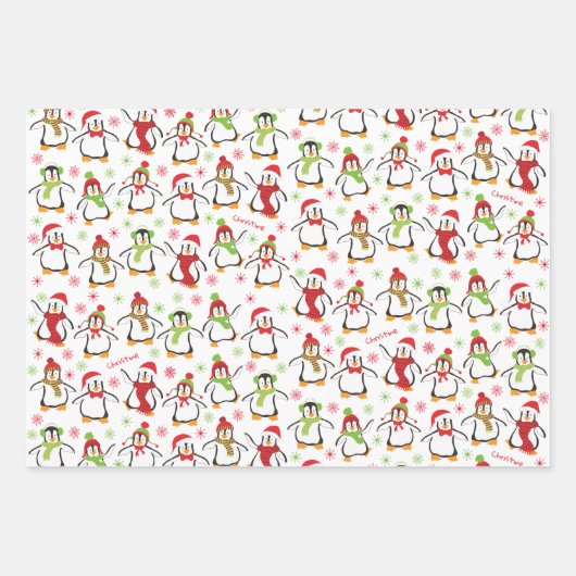 Dansende Penguins Red en Green Pattern Kerstmis Inpakpapier Vel (Voorkant)
