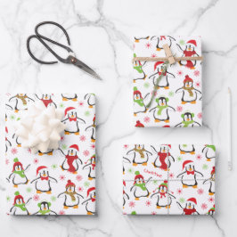 Dansende Penguins Red en Green Pattern Kerstmis Inpakpapier Vel