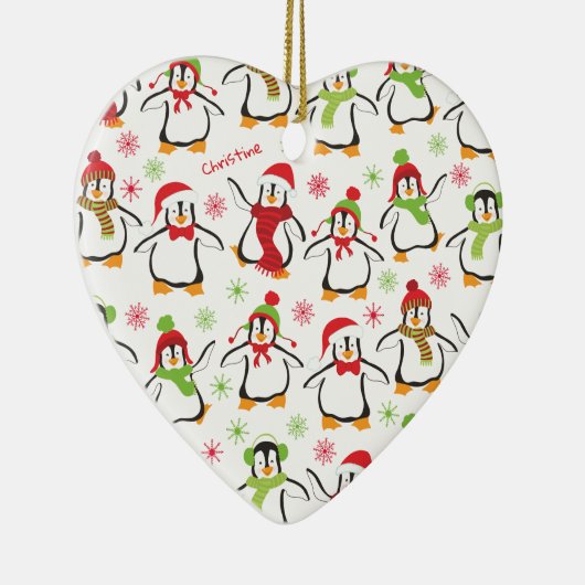 Dansende Penguins Red en Green Pattern Kerstmis Keramisch Ornament (Rechts)