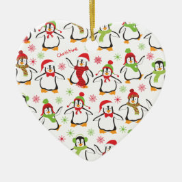 Dansende Penguins Red en Green Pattern Kerstmis Keramisch Ornament