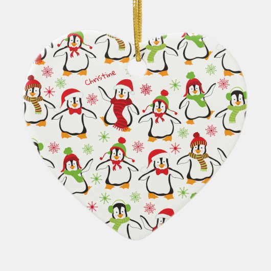 Dansende Penguins Red en Green Pattern Kerstmis Keramisch Ornament (Voorkant)