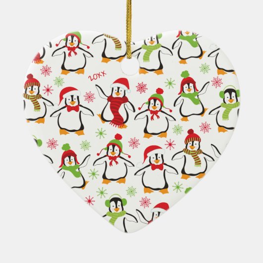 Dansende Penguins Red en Green Pattern Kerstmis Keramisch Ornament (Achterkant)