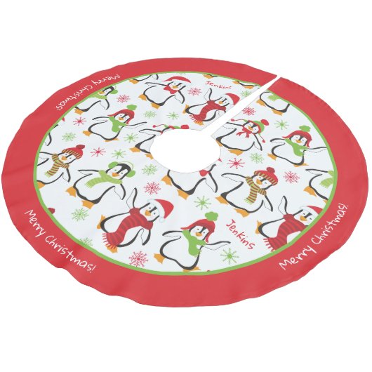 Dansende Penguins Red en Green Pattern Kerstmis Kerstboom Rok (Gekanteld)