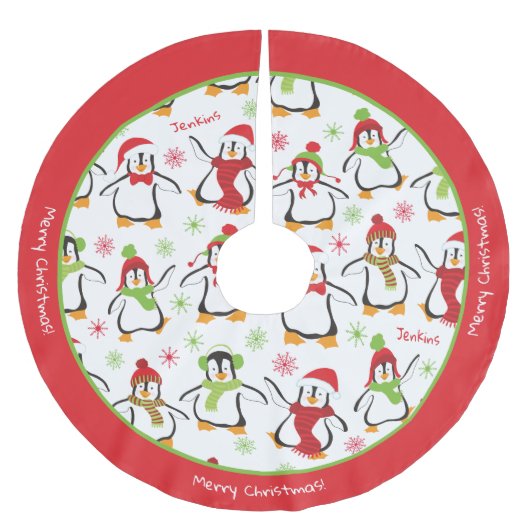 Dansende Penguins Red en Green Pattern Kerstmis Kerstboom Rok (Voorkant)