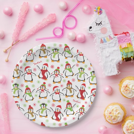 Dansende Penguins Red en Green Pattern Kerstmis Papieren Bordje (Feest)