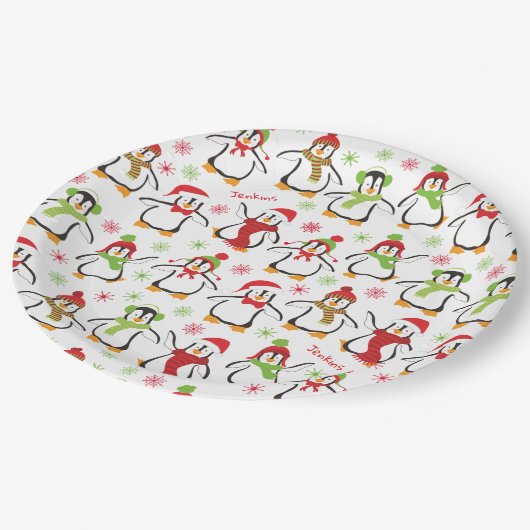 Dansende Penguins Red en Green Pattern Kerstmis Papieren Bordje (Gekanteld)