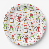 Dansende Penguins Red en Green Pattern Kerstmis Papieren Bordje (Voorkant)