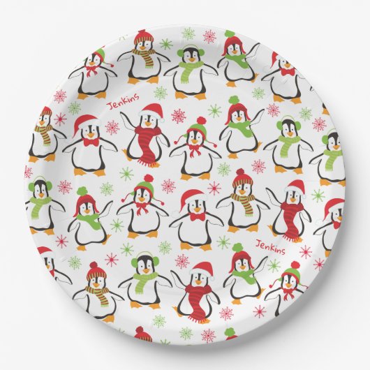 Dansende Penguins Red en Green Pattern Kerstmis Papieren Bordje (Voorkant)