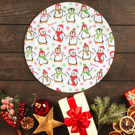 Dansende Penguins Red en Green Pattern Kerstmis Papieren Bordje