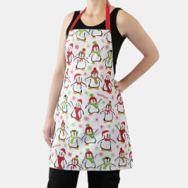 Dansende Penguins Red en Green Pattern Kerstmis Schort