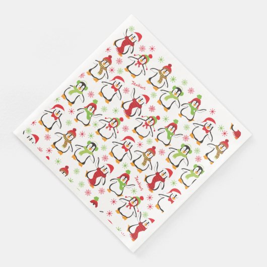 Dansende Penguins Red en Green Pattern Kerstmis Servet (Hoek)
