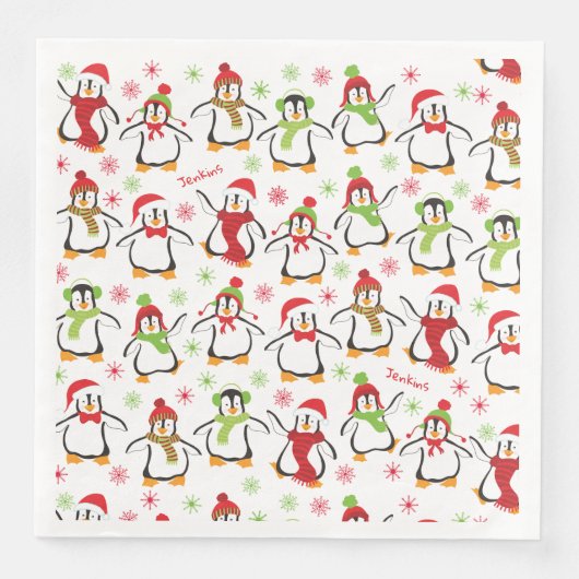 Dansende Penguins Red en Green Pattern Kerstmis Servet (Voorkant)