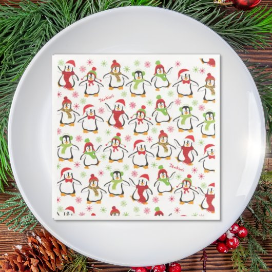 Dansende Penguins Red en Green Pattern Kerstmis Servet
