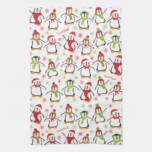 Dansende Penguins Red en Green Pattern Kerstmis Theedoek (Verticaal)