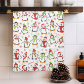 Dansende Penguins Red en Green Pattern Kerstmis Theedoek