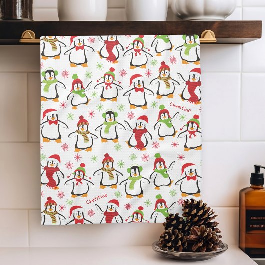 Dansende Penguins Red en Green Pattern Kerstmis Theedoek