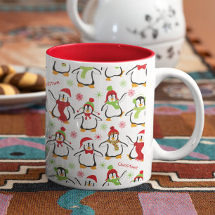 Dansende Penguins Red en Green Pattern Kerstmis Tweekleurige Koffiemok