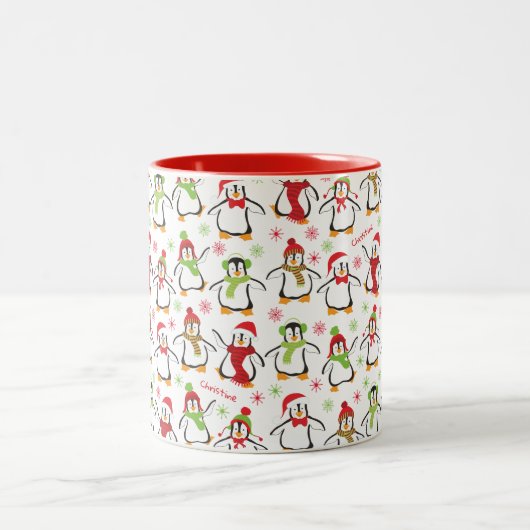 Dansende Penguins Red en Green Pattern Kerstmis Tweekleurige Koffiemok (Center)