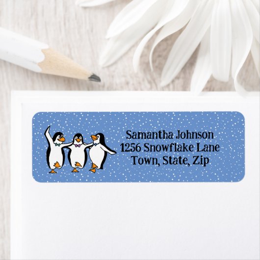 Dansende pinguïns retouradreslabel etiket (Insitu)