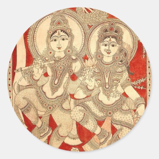 DANSENDE RADHA KRISHNA KALAMKARI KUNST VAN INDIA RONDE STICKER (Voorkant)