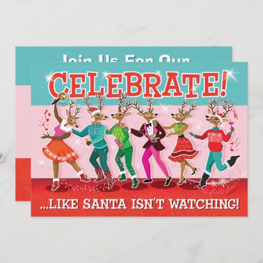 Dansende rendier conga kerstfeest uitnodiging (Voorkant / Achterkant)