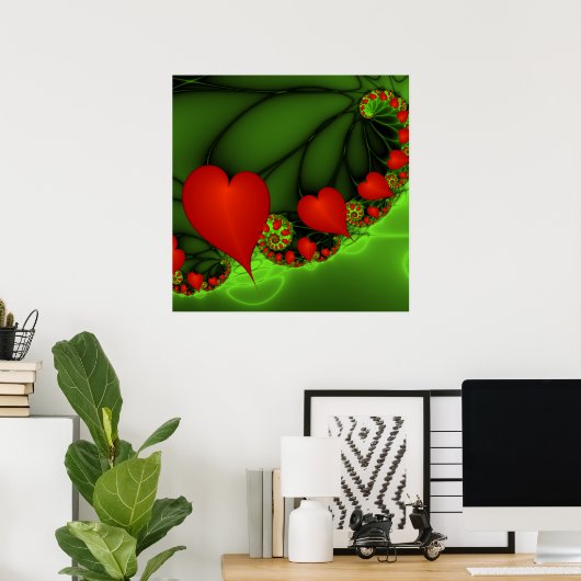 Dansende rode harten Moderne Abstracte fractale Ku Poster (Thuiskantoor)