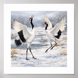 Dansende roodkroonkraanvogels in de winter – poster