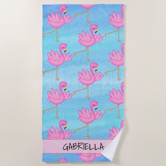 Dansende Roze Flamingo Persoonlijke Beach Towel Strandlaken (Voorkant)