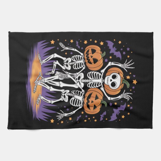 Dansende Skeleton Halloween Pumpkin Theedoek (Horizontaal)