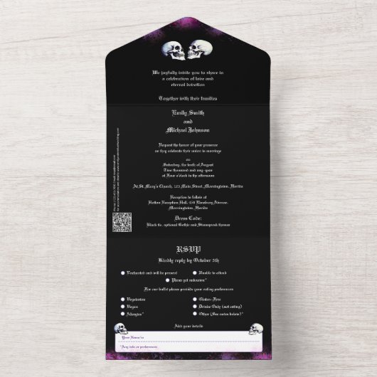 Dansende skeletten Paarse Gotische bruiloft uitnod All In One Uitnodiging (Binnen)