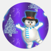 Dansende Sneeuwman op Blauwe Kerst Ronde Sticker (Voorkant)