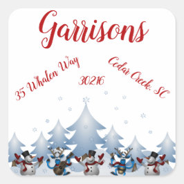 Dansende sneeuwpoppen & rendieren retour adres lab vierkante sticker