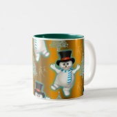 Dansende Snowman in Top Hat met Gold Kerstmis Tweekleurige Koffiemok (Voorkant rechts)