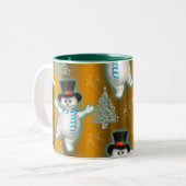 Dansende Snowman in Top Hat met Gold Kerstmis Tweekleurige Koffiemok (Voorkant links)