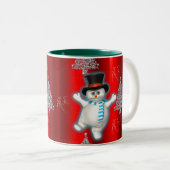 Dansende Snowman in Top Hat op Rode Kerstmis Tweekleurige Koffiemok (Voorkant rechts)