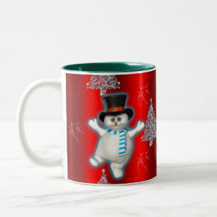 Dansende Snowman in Top Hat op Rode Kerstmis Tweekleurige Koffiemok