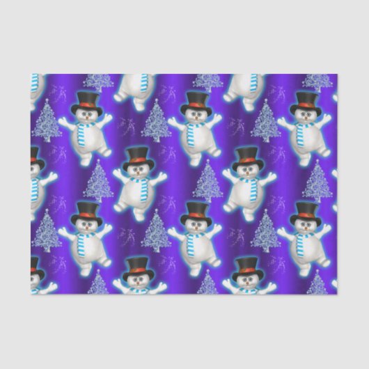 Dansende Snowmen op Blauwe Kerstmis Tissuepapier (Voorkant)