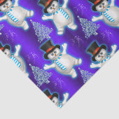 Dansende Snowmen op Blauwe Kerstmis Tissuepapier (Detail)