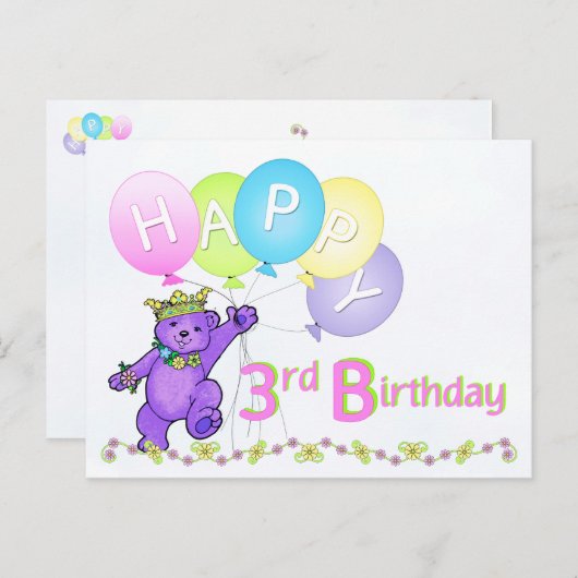 Dansende Teddy Bear 3rd Birthday Briefkaart (Voorkant / Achterkant)