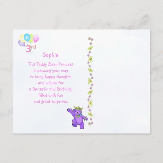 Dansende Teddy Bear 3rd Birthday Briefkaart (Achterkant)