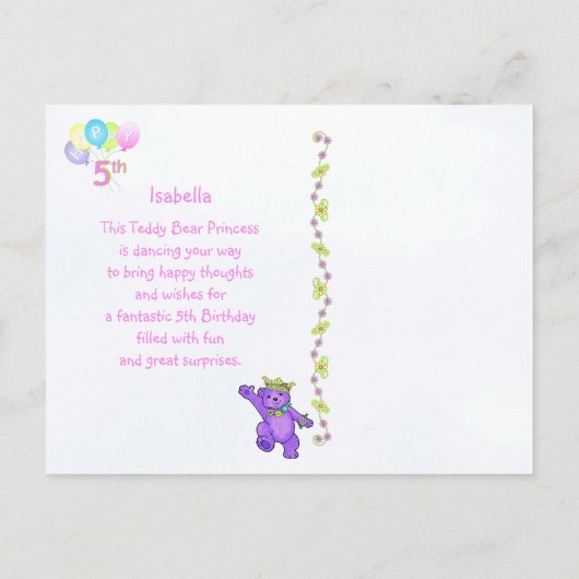 Dansende Teddy Bear 5th Birthday Briefkaart (Achterkant)