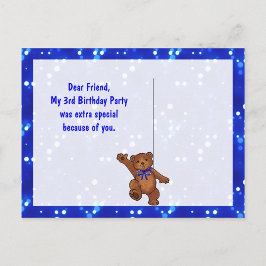 Dansende Teddybeer 3e verjaardagsfeest Dank u Briefkaart (Achterkant)