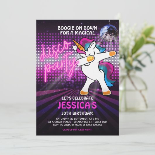 Dansende Uitnodiging Unicorn Disco Party (Staand voorkant)