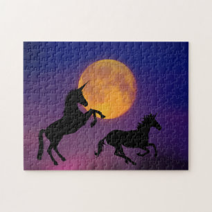 Dansende unicorn Silhouettes in volle maan Legpuzzel