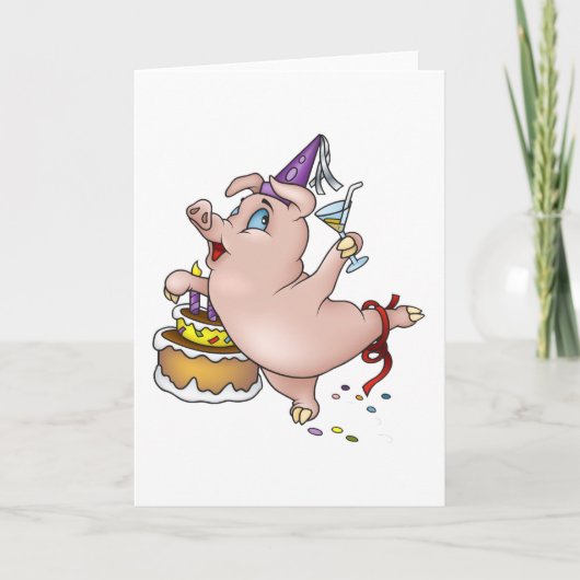 Dansende verjaardagsfeest met varken met taart en kaart (Voorkant)