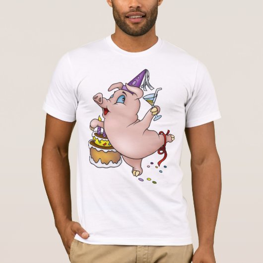 Dansende verjaardagsfeest met varken met taart en t-shirt (Voorkant)
