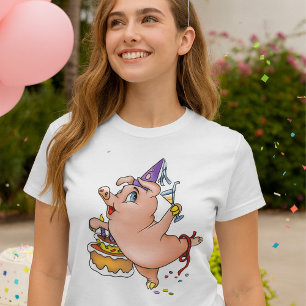 Dansende verjaardagsfeest met varken met taart en  t-shirt