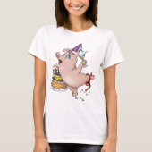 Dansende verjaardagsfeest met varken met taart en  t-shirt (Voorkant)