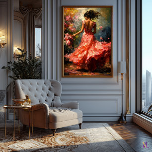 Dansende vrouw in vloeiende rode jurk impressionis poster