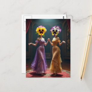 Dansende vrouwen met viooltjesbloem hoofden briefkaart